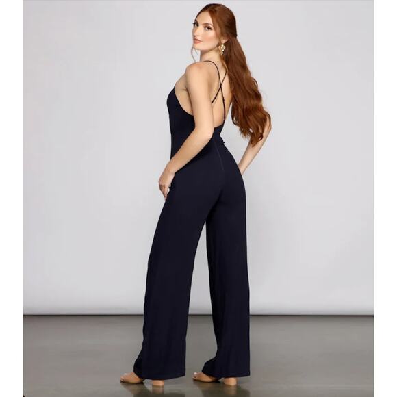 Windsor M Blue Linen Strappy Open Back Keyhole Flowy Straight Leg Jumpsuit - Picture 2 of 10